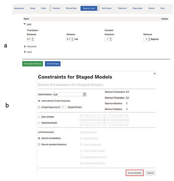 Figure 6A-6B: Selection of constraints. 6A. The doctor can select both the parameters for material stiffness (Soft, Standard, or Hard), and the Maximum/Minimum Translation and Rotation constraints change according to the material chosen. 6B. The staging of the setup/models can be automatically sequenced